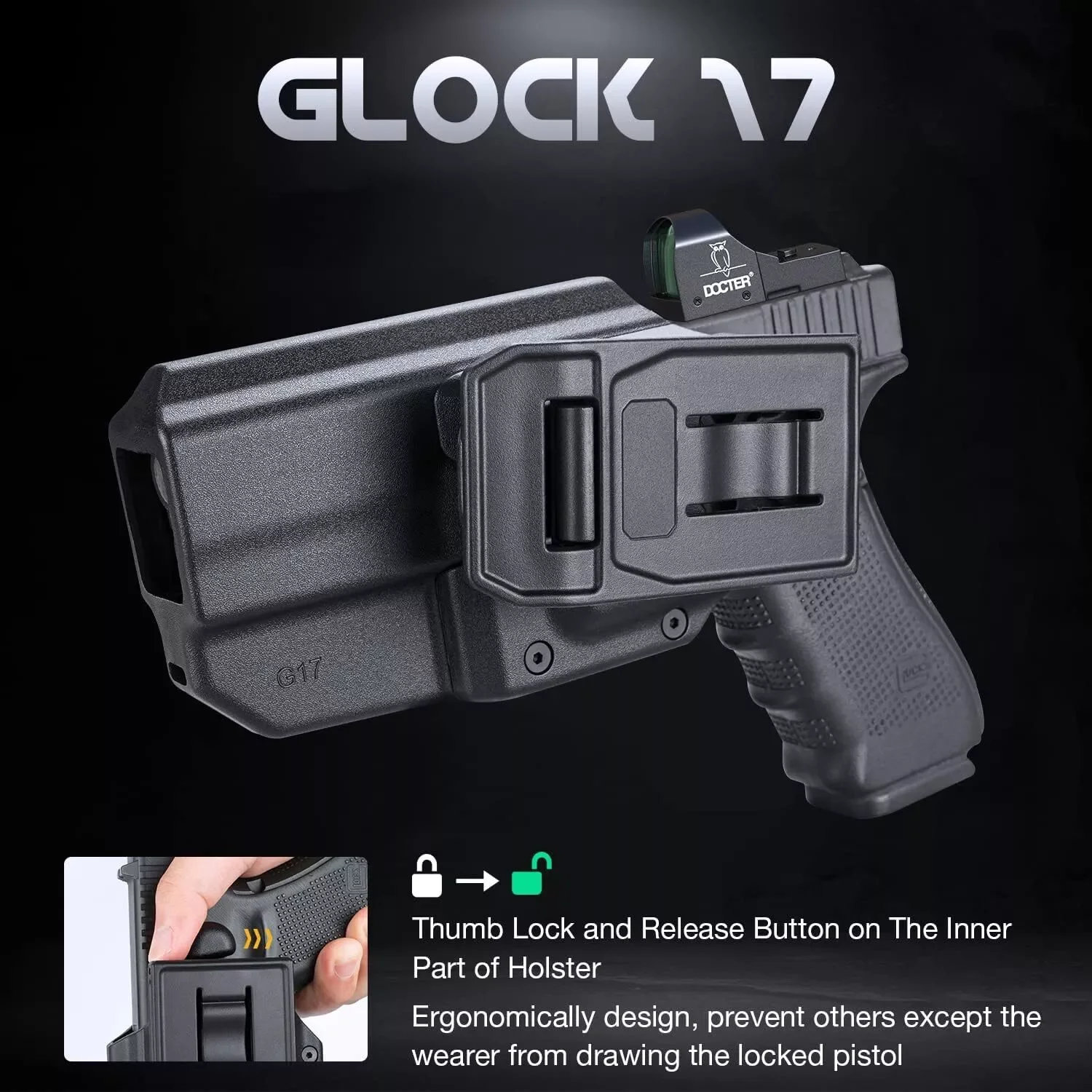 Funda para Pistola G17 (Gen 1-5) y G22/31 (Gen 3-4), con Liberación de Pulgar OWB y Corte Óptico, para Mano Derecha