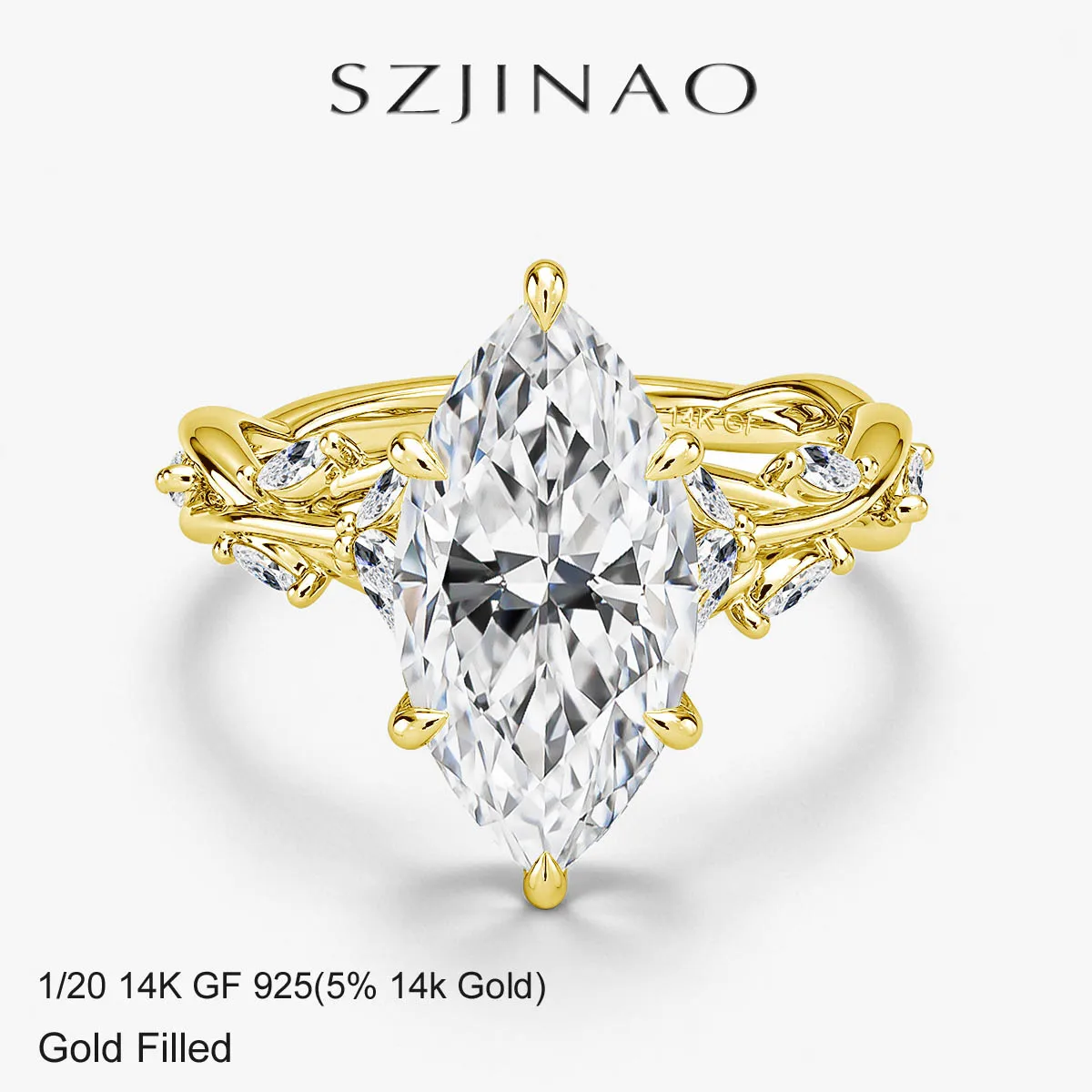 Anillo de Compromiso de Oro Real de 14K con Moissanita de 3CT, Corte Marquesa, Certificado GRA, Inspirado en la Naturaleza, Au585, para Mujer