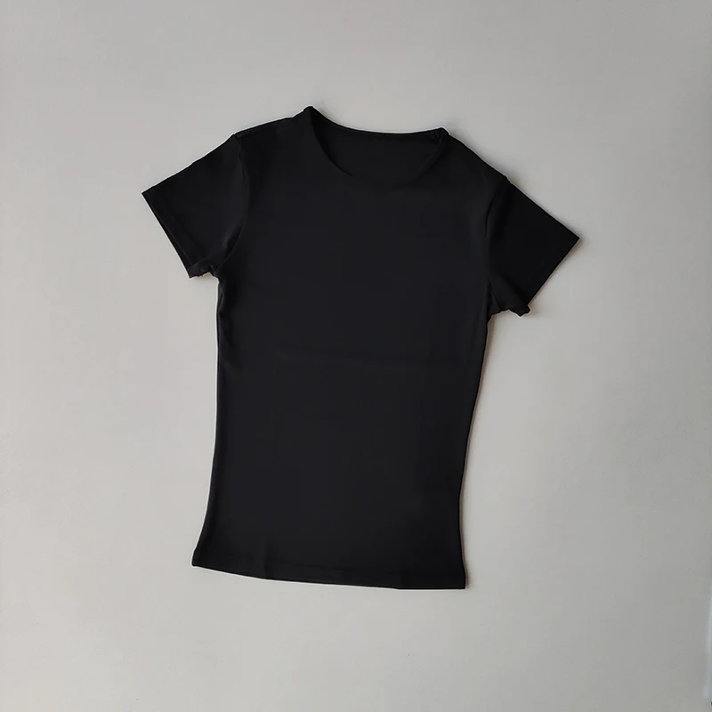 Ropa de Yoga de Color sólido con detección desnuda para mujer, camiseta ajustada elástica de secado rápido de manga corta, ropa deportiva, ropa superior