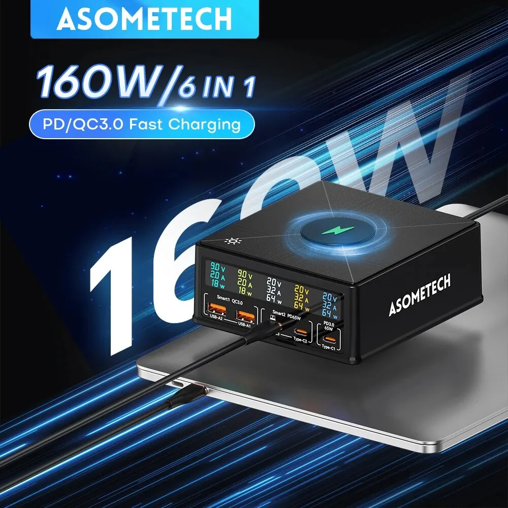 ASOMETECH 160W Estación de carga USB carga inalámbrica 100W 65W PD PPS GaN cargador rápido para ordenador portátil tableta iPhone Samsung