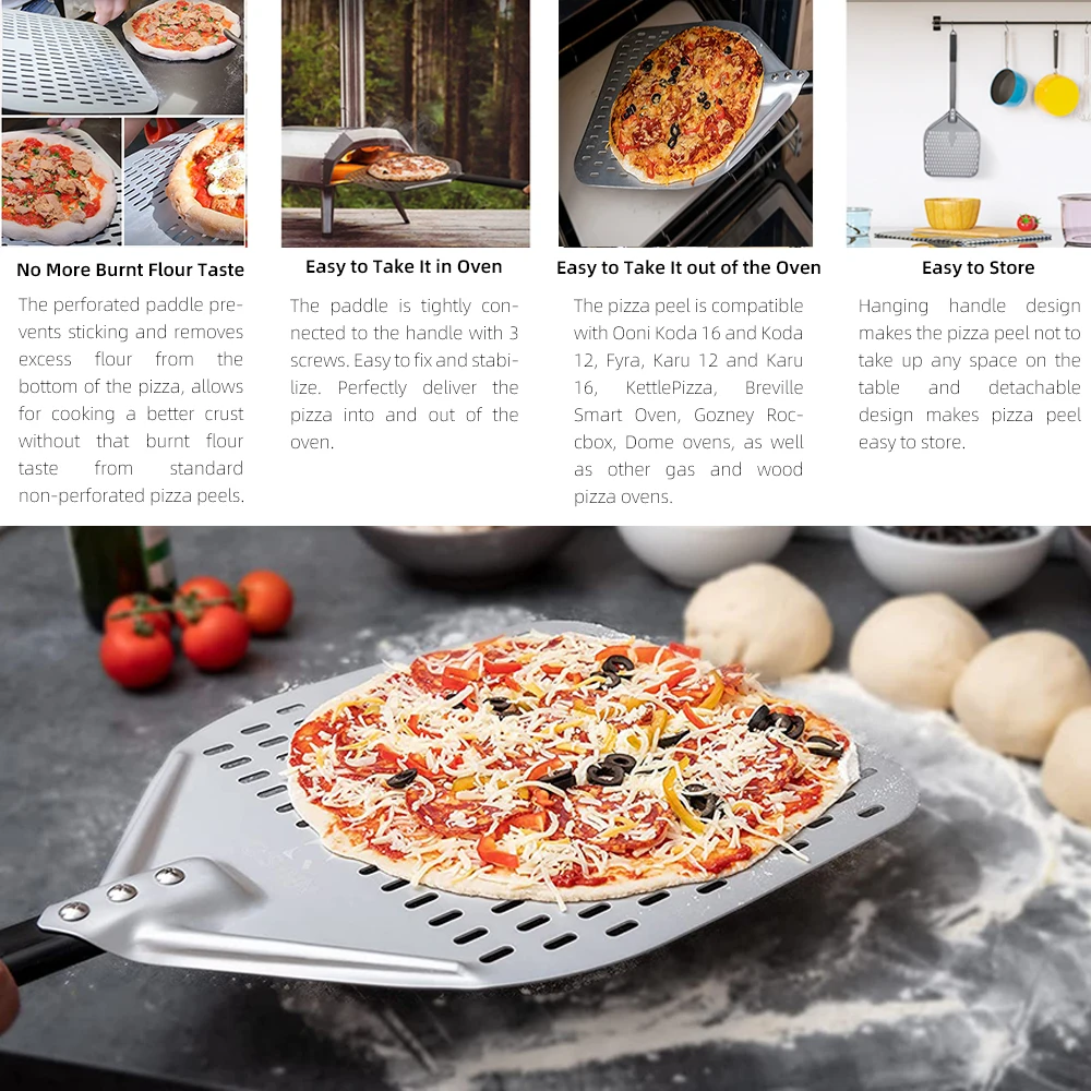 Pala perforada para Pizza grande de 10, 12, 13, 14 pulgadas, mango corto/largo para horno, pelado giratorio, utensilios de cocina, herramientas para hornear Pizza