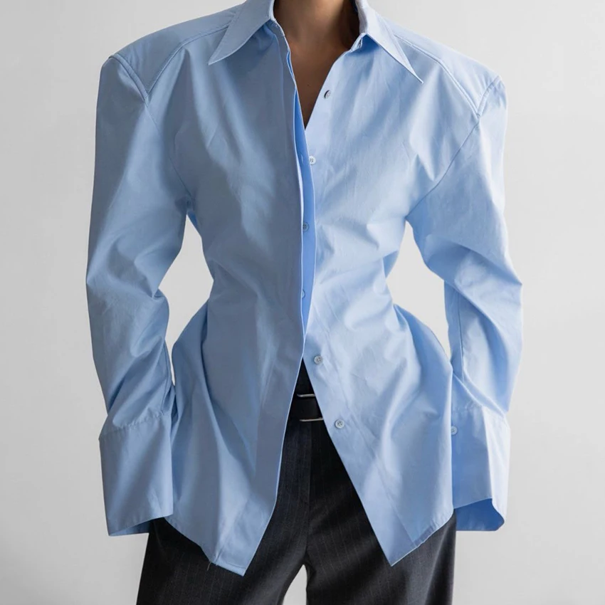 Camisa de Manga Abullonada para Mujer, Blusa Elegante de Otoño para Oficina, Estilo Chic Urbano con Cuello Camisero