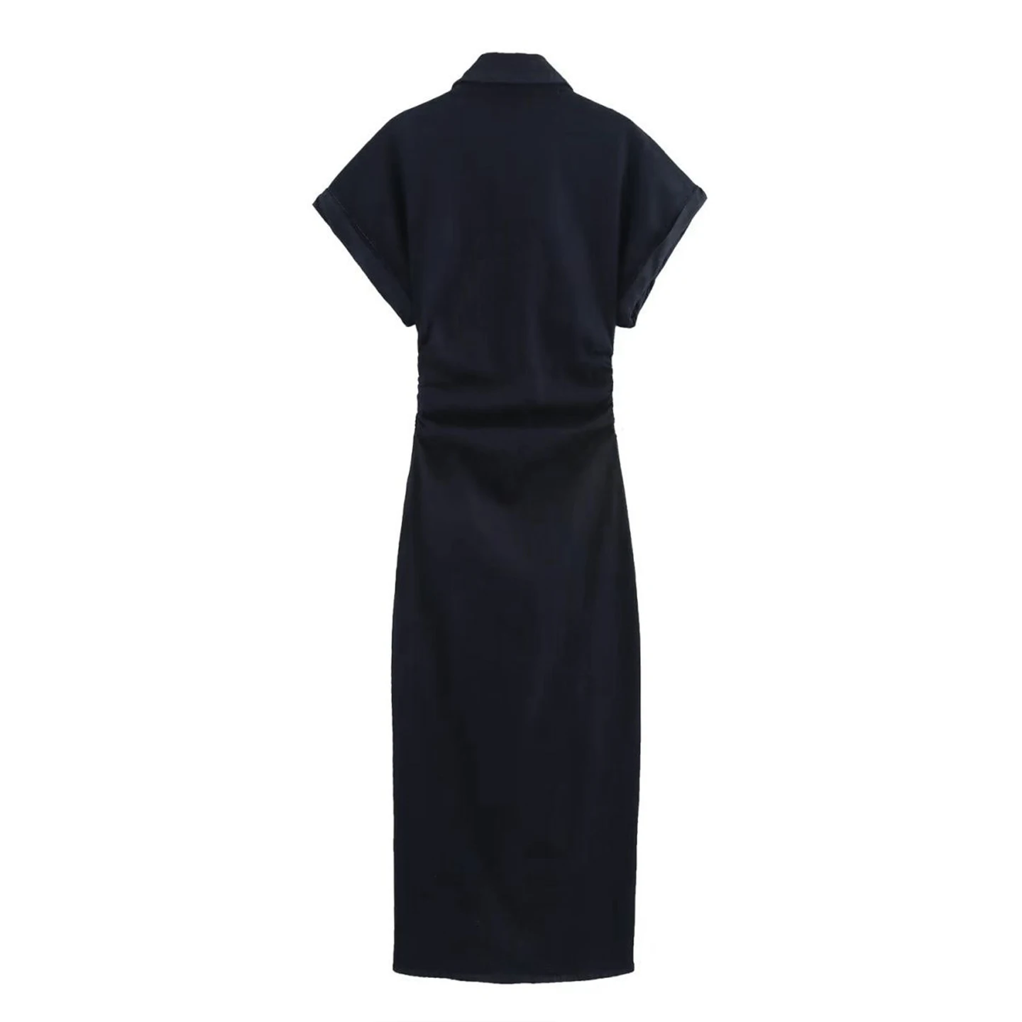 Vestido Midi de Mezclilla de Color Sólido con Letras CH Bordadas, Manga Corta, Cuello Solapa, Cintura Fruncida, Estilo Casual Elegante para Oficina