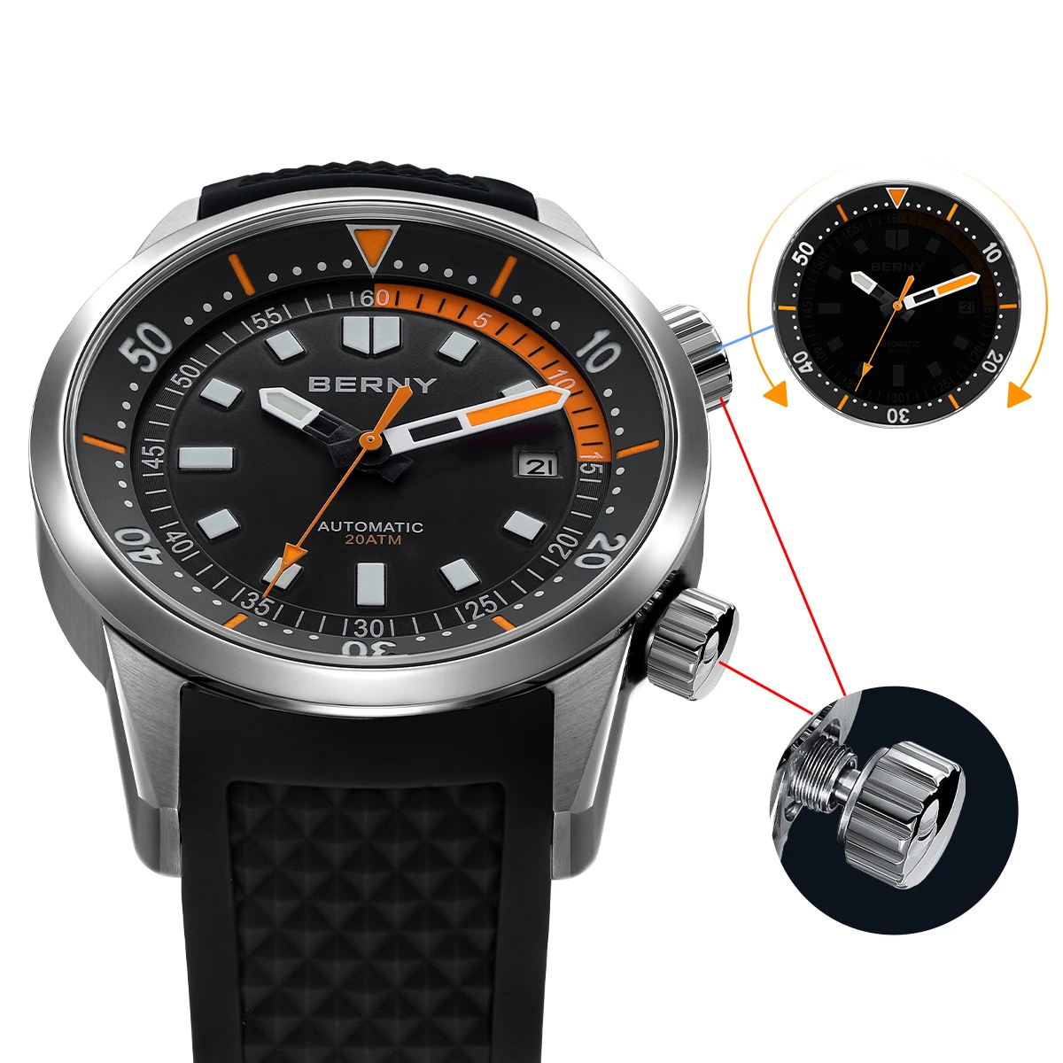 Relojes de buceo BERNY para hombre, reloj de buceo mecánico automático superluminoso resistente al agua hasta 200M, reloj de pulsera de buceo para natación de zafiro de 42mm