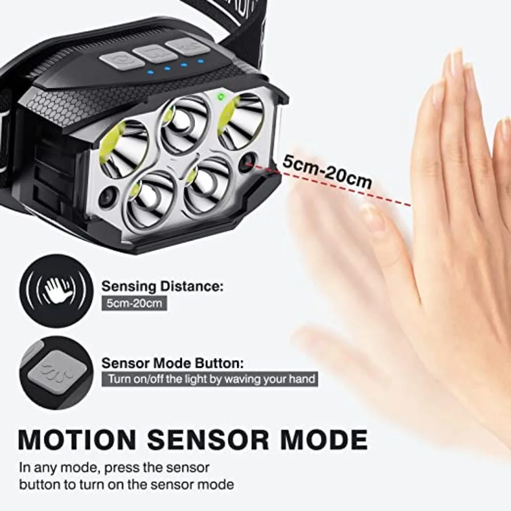 Linterna frontal Led recargable de 1200 lúmenes con Sensor de movimiento, linternas de cabeza impermeables para acampar al aire libre, lámpara de cabeza para pesca