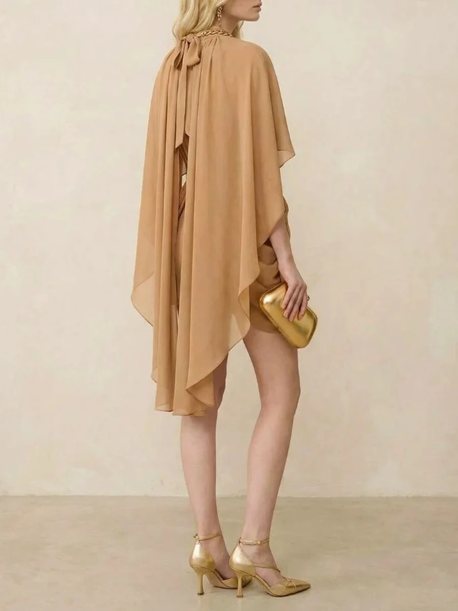TWOTWINSTYLE Vestido Mini de Moda para Mujer con Diseño Hueco, Cuello Redondo, Manga Capa, Cintura Alta y Efecto Adelgazante, Color Liso, Moda Femenina 2026