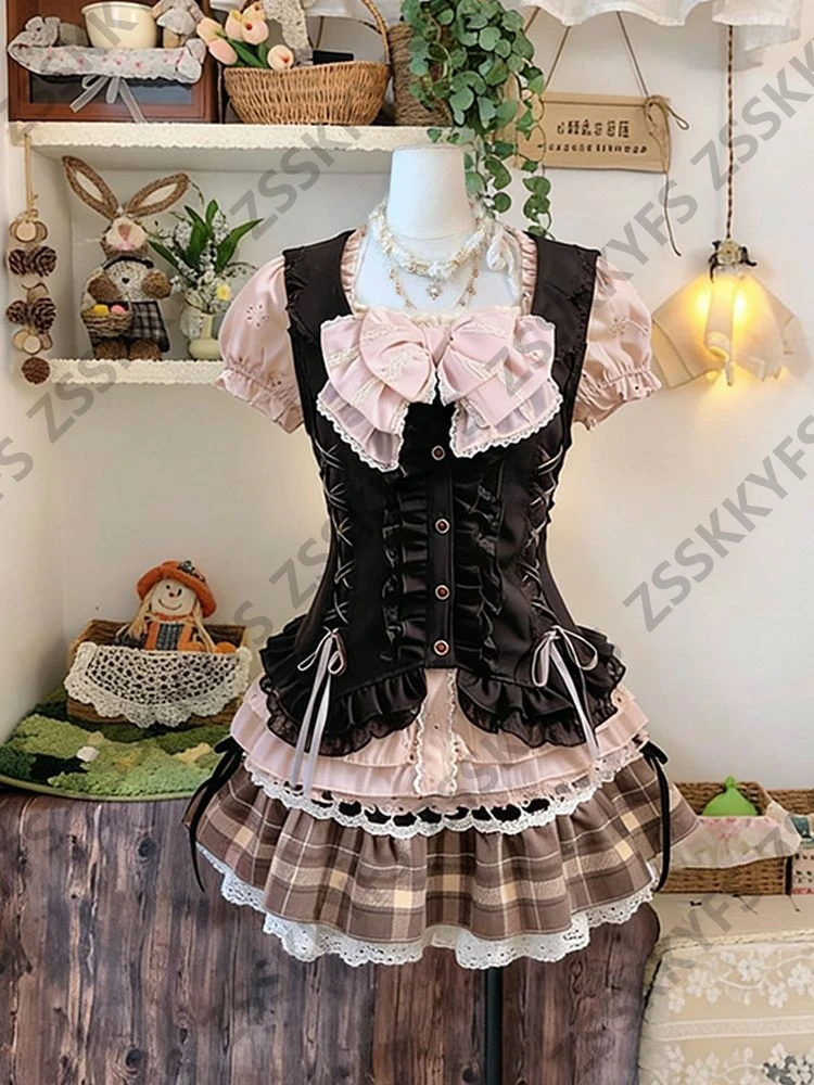 Vestidos Casuales de Verano para Mujer, Estilo Japonés Dulce, Moda Y2K, Vestidos Lolita, Conjunto de 3 Piezas, Ropa de los Años 2000, Chaleco Vintage, Falda Sexy con Lazo, para Fiesta