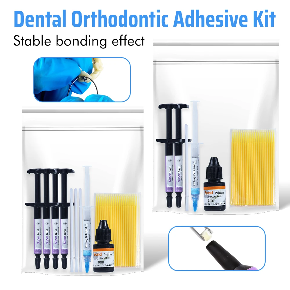 Kit de pegamento de curado ligero adhesivo de ortodoncia Dental, pegamento azul, pasta de pegamento verde, imprimación de grabado, unión Invisible para soportes