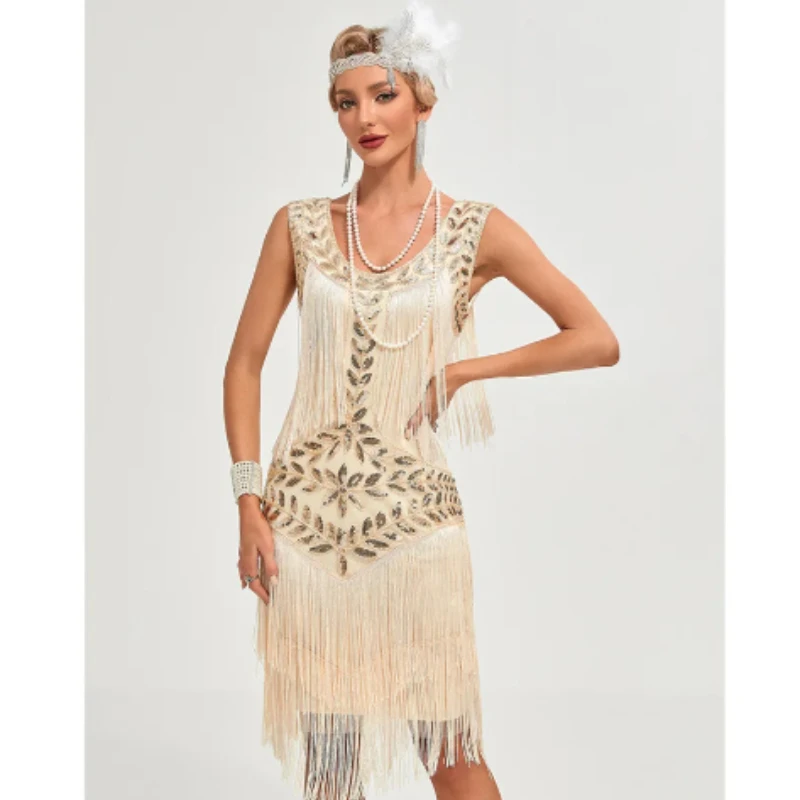 Vestido de baile de Gatsby Retro para mujer, vestido de cuello redondo, lentejuelas, cuentas, borla, chaleco, Falda de baile, Europa americana, 1920