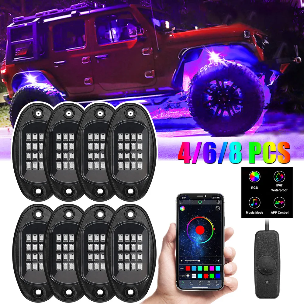 Luces LED RGB Rock 4/6/8 en 1, luz para chasis de coche, para Jeep, camión todoterreno, barco, sincronización de música, Bluetooth, Control por aplicación Undergolw