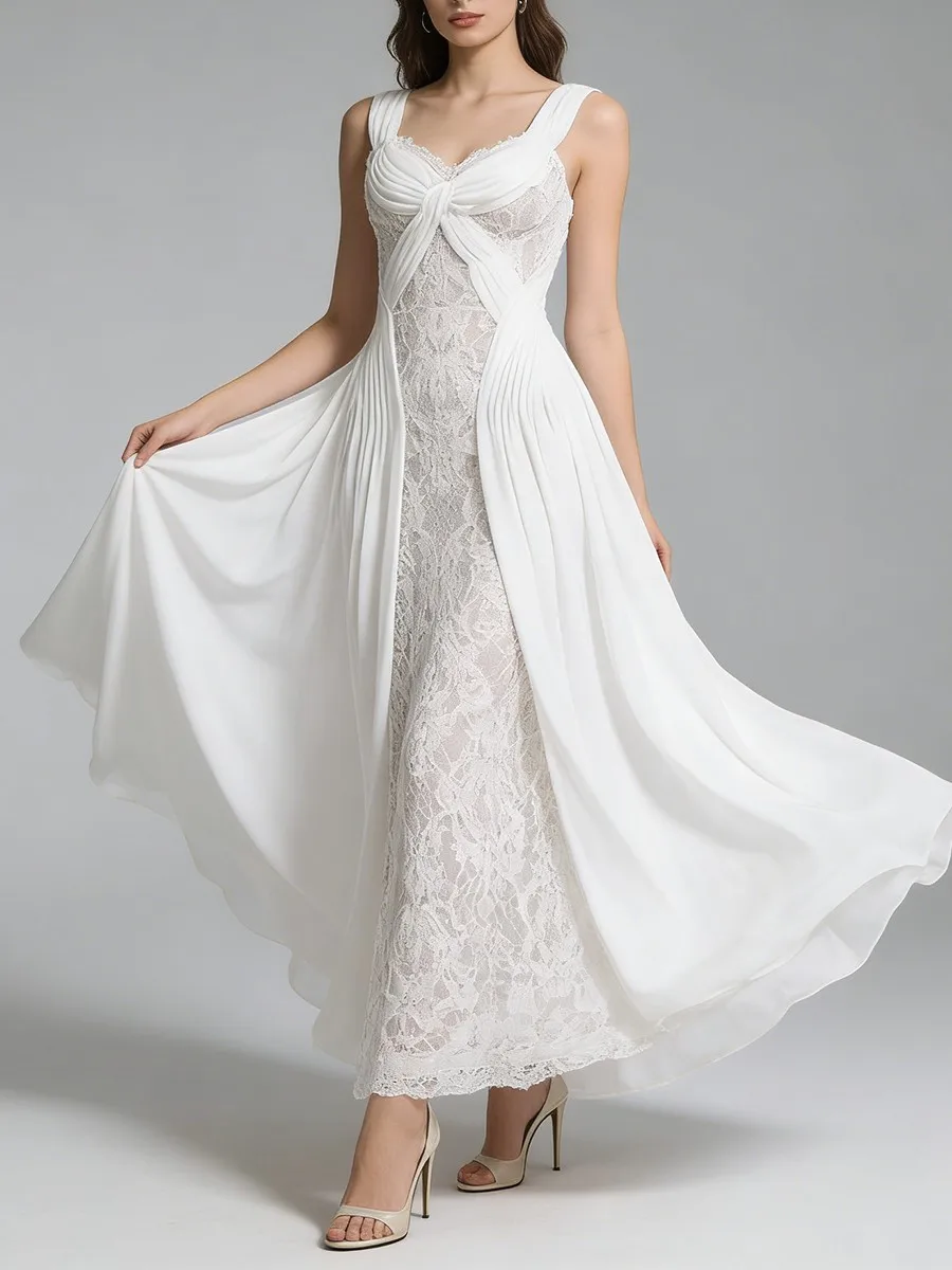 TWOTWINSTYLE Vestidos Largos Sexys de Encaje con Recortes para Mujer, Cuello en V, Sin Mangas, con Pliegues, Vestido Entallado, Ropa Femenina