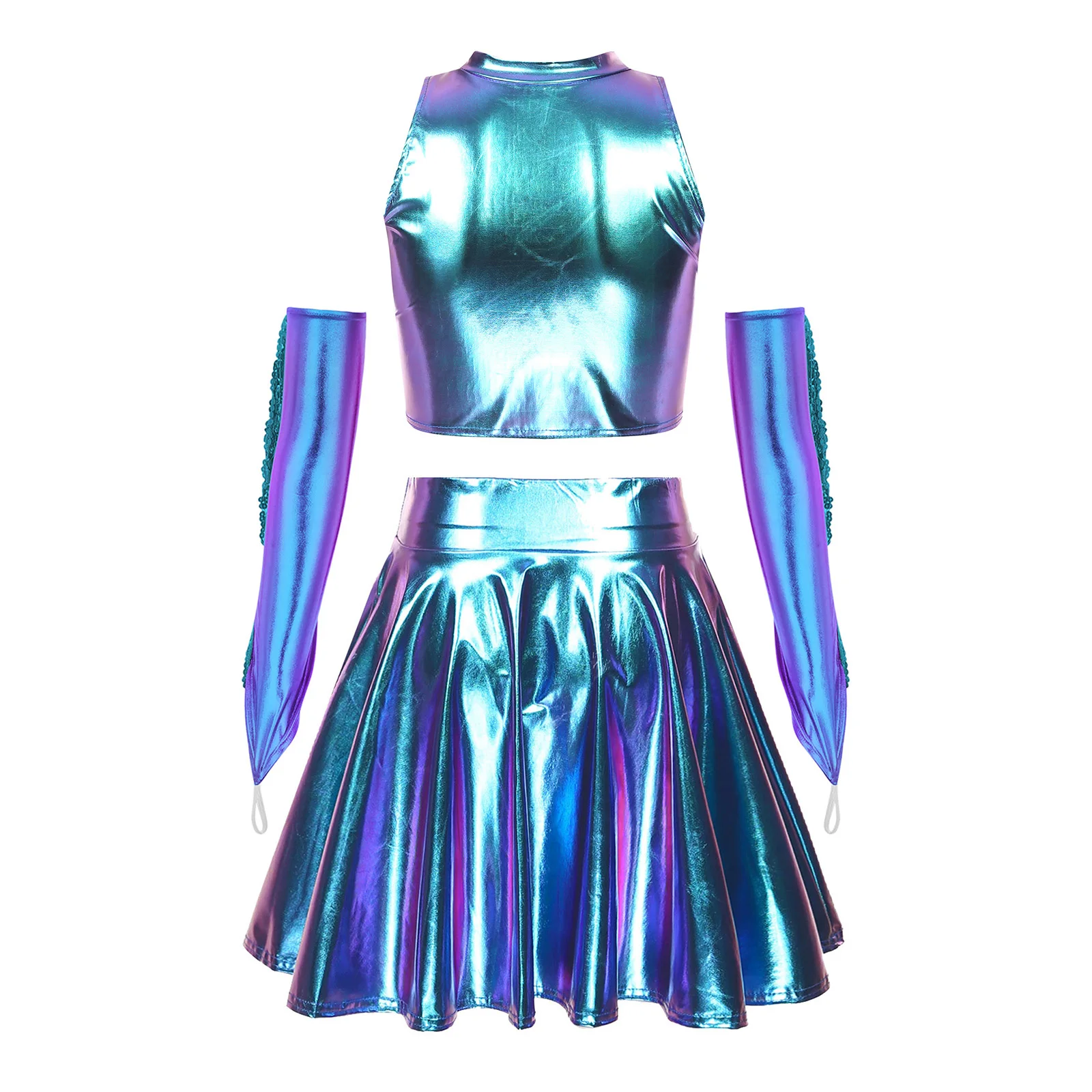 Traje de Danza Hip Hop y Jazz para Mujer, Chaleco Corto Metálico Brillante con Falda, Guantes con Lentejuelas y Flecos, Atuendo de Animadora, Ropa de Baile, Ropa de Club
