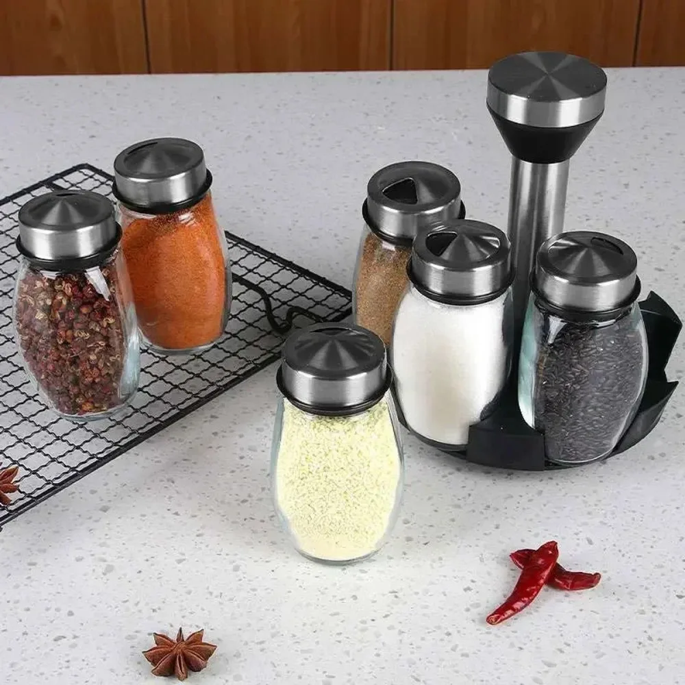 Juego de tarros de especias, estante organizador de vidrio giratorio para condimentos, botellas de azúcar y pimienta, salero, estante de almacenamiento de cocina, 7 Uds.