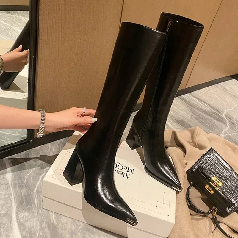 Botas altas con punta estrecha para mujer, botines largos con cremalleras laterales a la moda, zapatos de tacón alto elegantes para fiesta, calzado de invierno para mujer