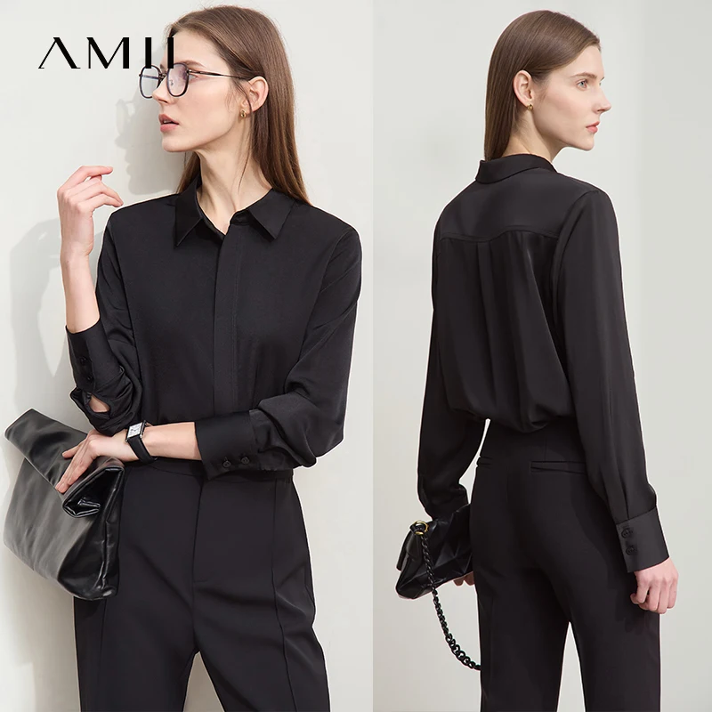 Amii Top minimalista para mujer, camisa de color liso, satén ligero y suave, estilo adelgazante para el lugar de trabajo, camisa francesa para mujer 12521085