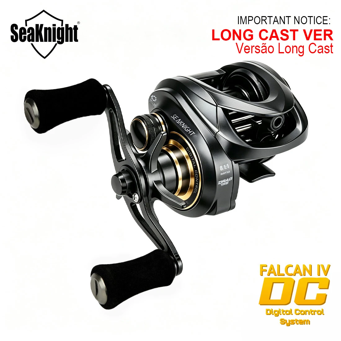 Carrete de Pesca SeaKnight FALCAN IV DC 8.1:1, Serie Baitcasting, 10+1BB, Sistema de Arrastre de Fibra de Carbono, 7kg/15lbs, Engranaje de Latón