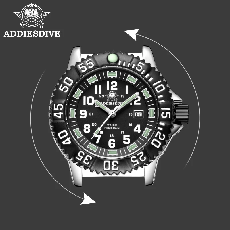 Reloj de Pulsera para Hombre ADDIESDIVE de 44mm, Resistente al Agua 50m, Esfera Luminosa Grande, Indicador de Fecha, Reloj de Cuarzo de Acero Inoxidable para Hombre