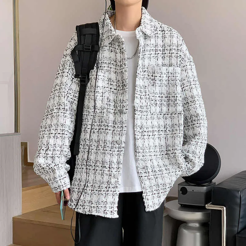 Chaqueta sin cuello ajustada de tweed de lana para primavera/otoño/invierno para hombre con diseño de franjas de diferente color para un look juvenil