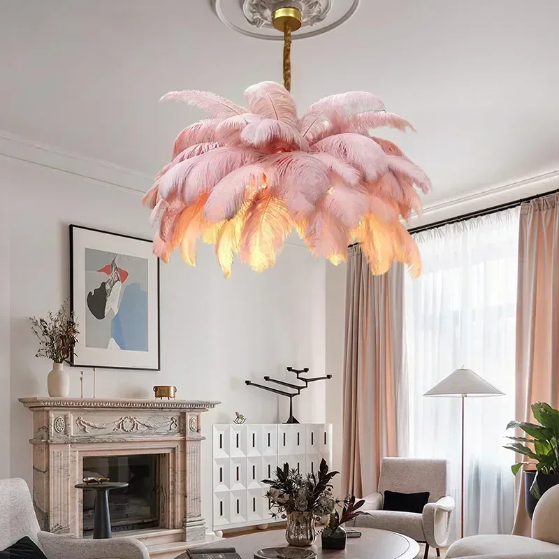 Lámpara colgante de pluma púrpura moderna, Lustres nórdicos, lámpara de techo para sala de estar, dormitorio, accesorios de iluminación para decoración del hogar