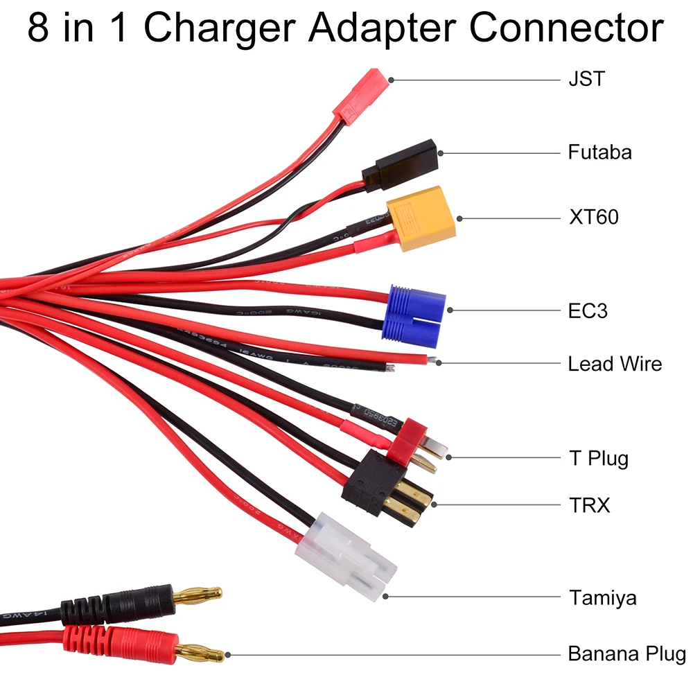 Conector adaptador de cargador RC 8 en 1, cargador 4,0mm Banana XT60 TRX Tamiya Lipo para coche RC Drone Imax B6 B6AC Cable de batería