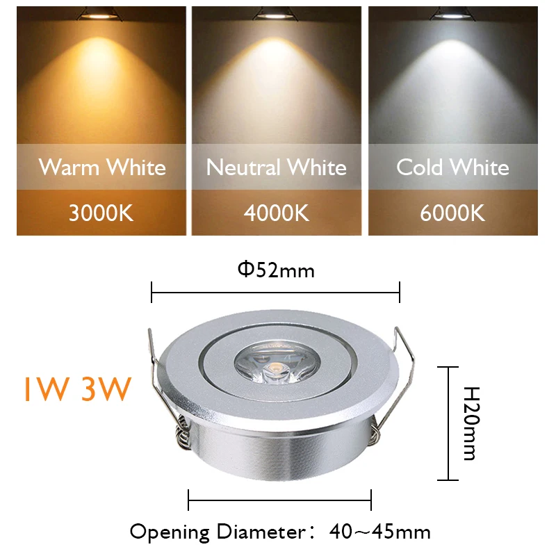 Mini luz LED empotrable de 6 piezas, 3W 1W, regulable, luz puntual, luces empotradas AC85-265V, luz de techo de aluminio de 52 mm