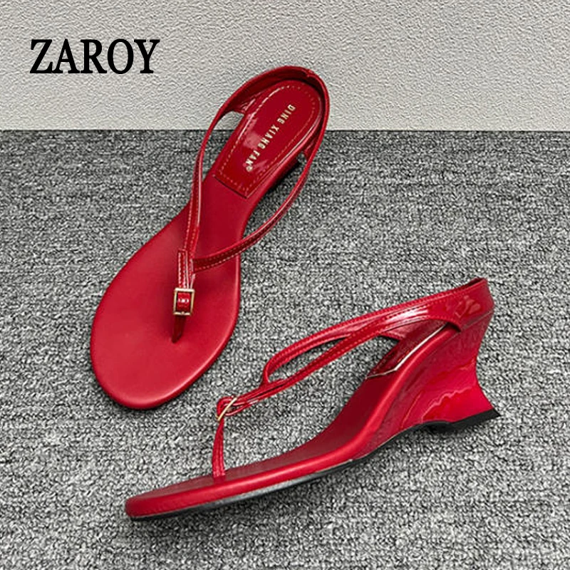 Sandalias de lujo de diseñador para mujer, tipo chanclas con cuña, tacón alto de 6 cm, punta abierta, con hebilla de moda, rojas, gruesas, шлепки женские