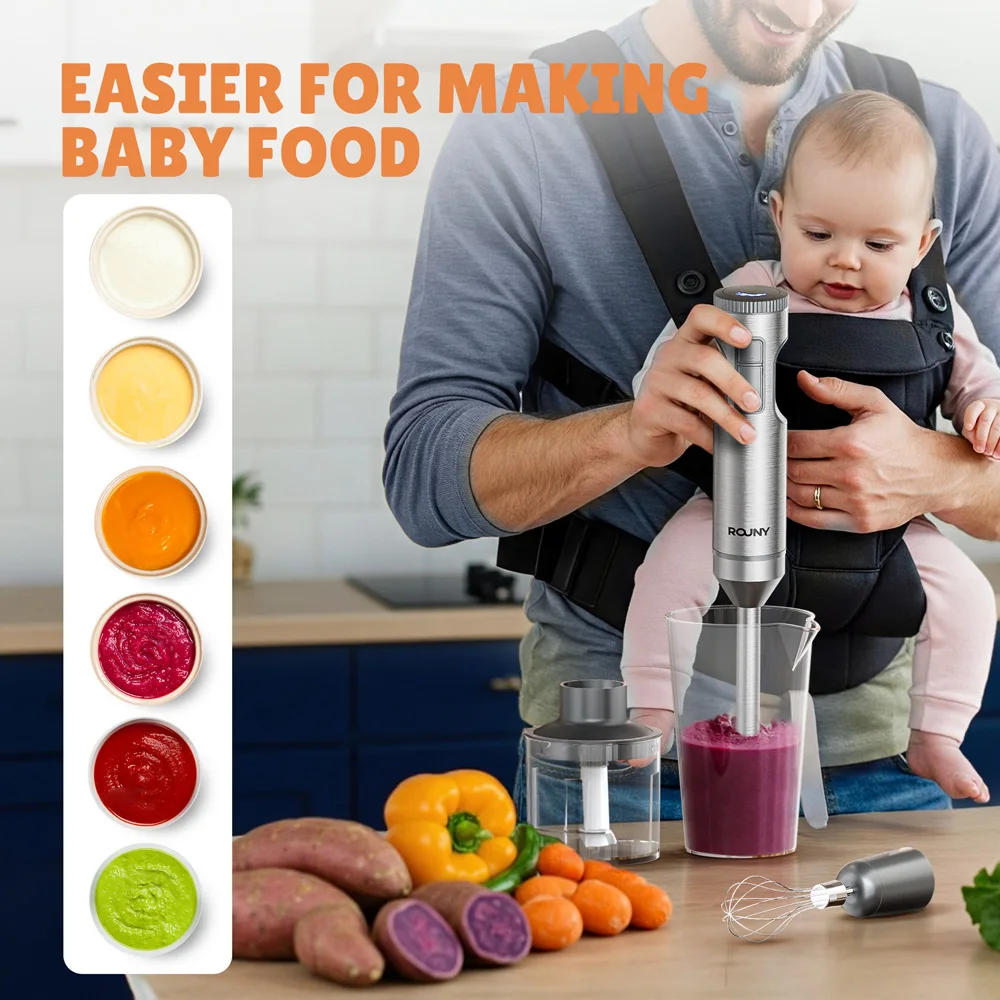 Potente licuadora de inmersión, mezclador de alimentos para bebés con varilla de acero inoxidable 4 en 1, vaso mezclador de 700 ml, procesador de 500 ml, batidor, MAX 1200 W