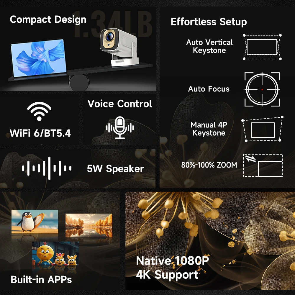 Mini proyector Magcubic HY310 para películas al aire libre enfoque automático 1080P 330ANSI Android 11 WiFi6 BT5.4 4K con control remoto por voz Air Mouse