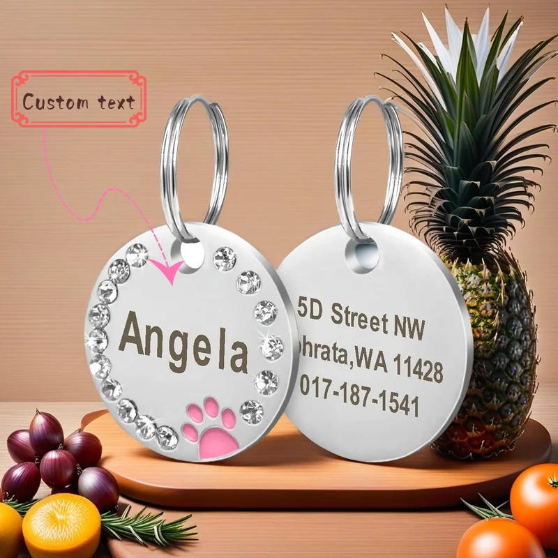 Collar con colgante de nombre de mascota grabado de acero inoxidable, etiquetas de identificación, Collar con colgante de diamante grabado antipérdida personalizado para identificación de perro y gato