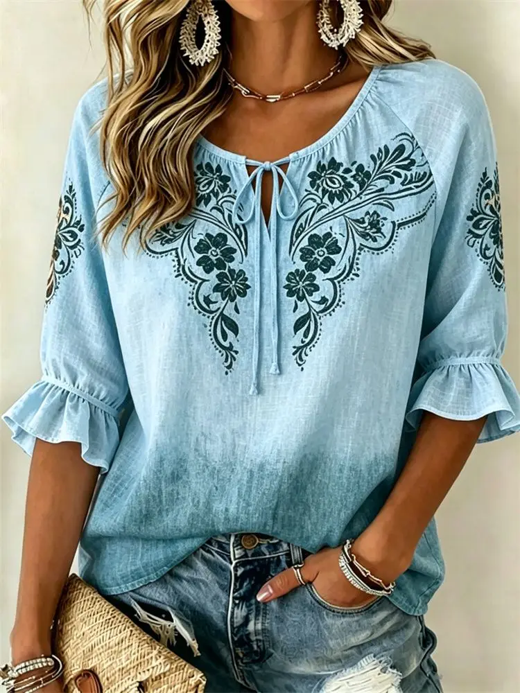 Blusa de Mujer con Estampado Floral Degradado Azul, Cuello con Lazo, Estilo Casual y Holgado para Primavera, Verano, Uso Diario y Ocasiones de Vacaciones