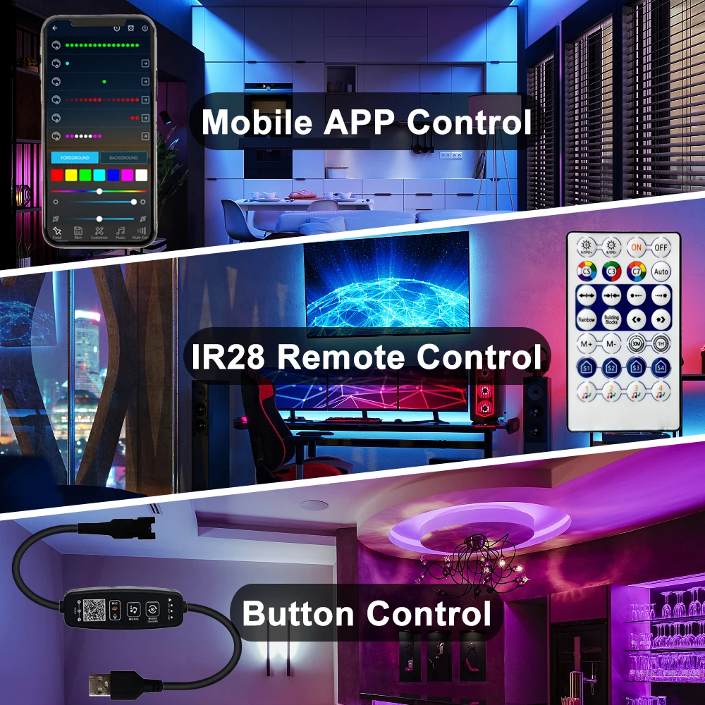 Controlador LED WS2811 WS2812B, música Bluetooth, micrófono incorporado, 28 teclas, Control remoto, direccionable individualmente, tira de luces LED de píxeles