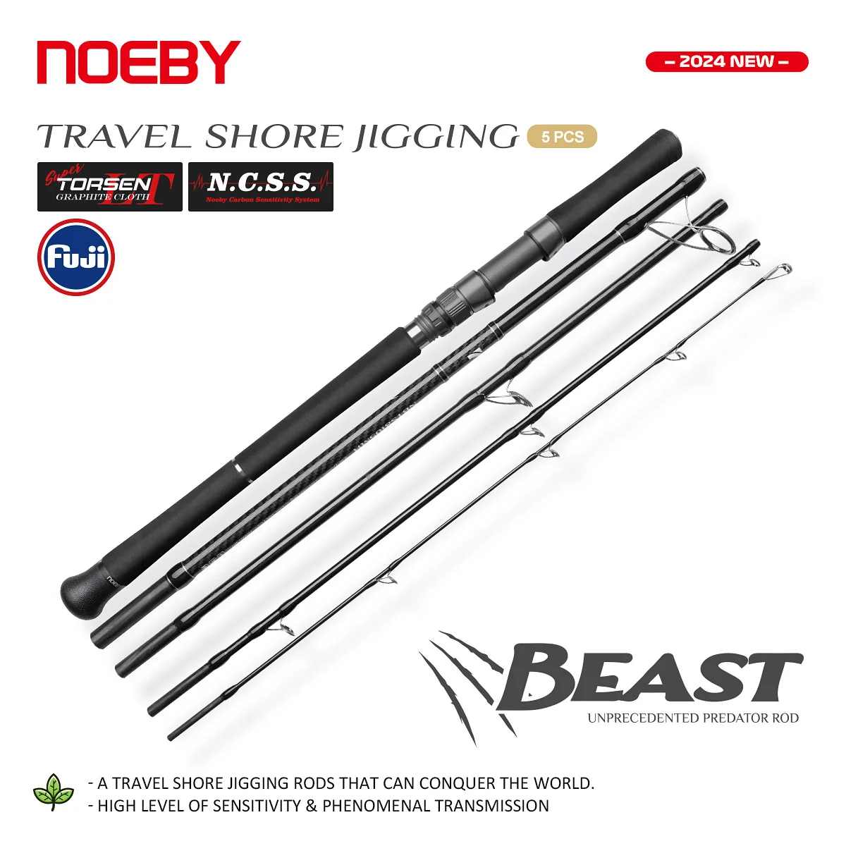 Caña de Pescar Noeby Beast Travel Shore Jigging de 2.7m/2.9m, Juego de Cañas de Spinning Fuji, Señuelos de 80g/120g, MH/H, Portátil, 5 Piezas