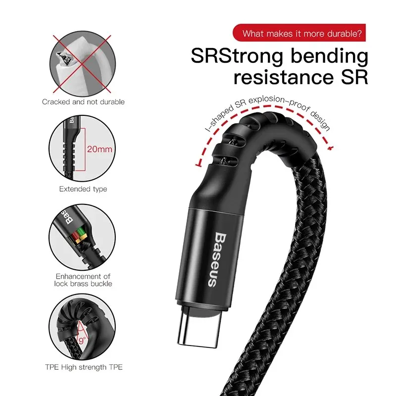 Baseus-Cable telescópico de carga rápida tipo C, cargador de teléfono para coche, Cable USB para Samsung, Xiaomi, Redmi