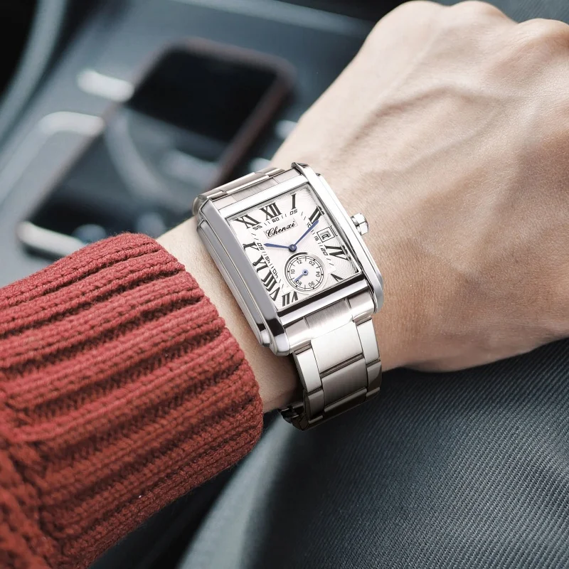 Relojes de Cuarzo CHENXI 8216, Relojes de Pulsera de Acero Inoxidable Plateado, Sencillos y Elegantes para Hombre, Relojes Masculinos