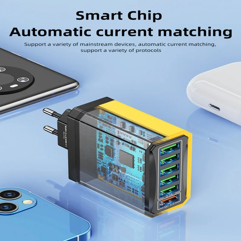 Cabezal de carga multipuerto 6 en 1, 5V, 3a, Qc3.0, carga rápida para Samsung S23, Xiaomi, enchufe adaptador Eu/kr/us/uk
