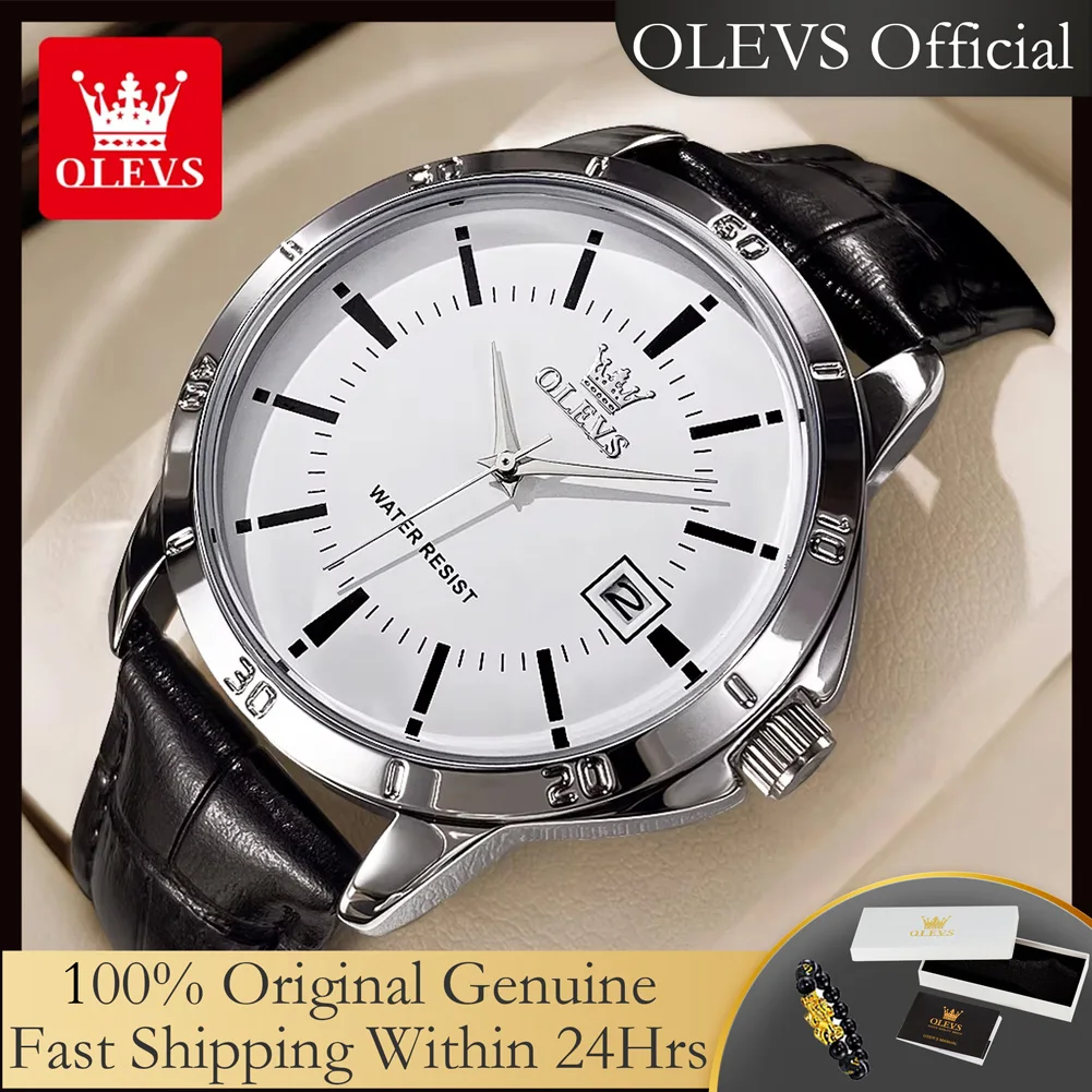 Reloj OLEVS para hombre, correa de cuero de moda, reloj de cuarzo resistente al agua para hombre, calendario sencillo, relojes de pulsera de vestir para hombre, exfoliante nuevo