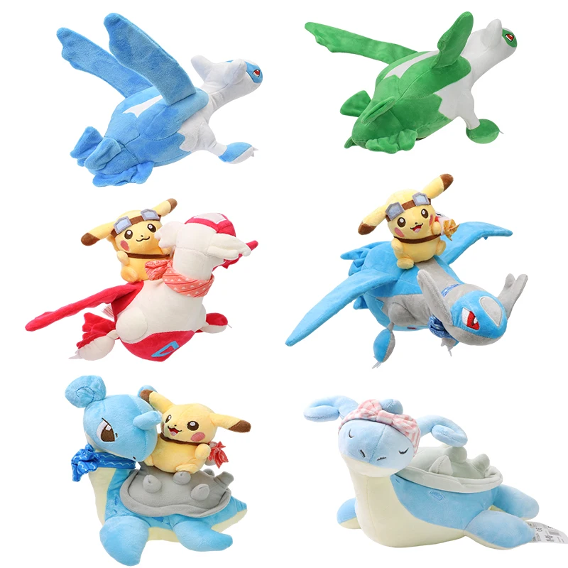 Kawaii Pikachu montando Lapras Latios Latias muñeco de peluche Pokemon juguete de peluche creativo Anime dibujos animados regalo de Navidad para niños