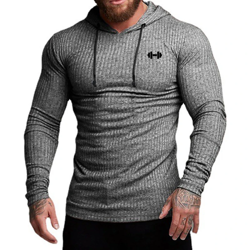 Otoño transpirable de secado rápido de punto con capucha camisa hombres Fitness deporte de manga larga Sudadera con capucha gimnasio culturismo músculo Slim Fit jerseys