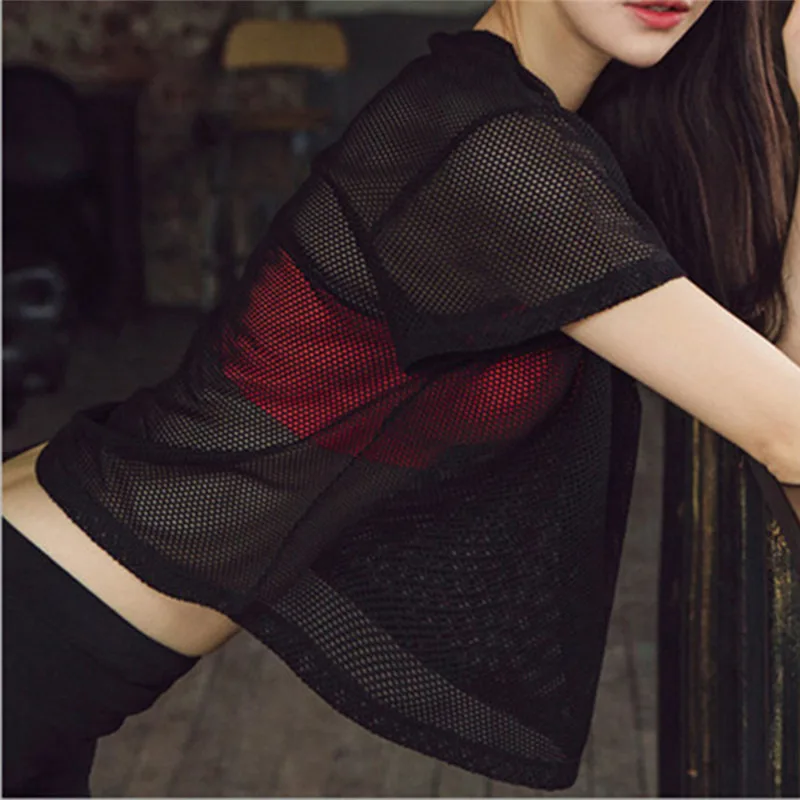 Camiseta de yoga de malla para mujer, sexy, de manga corta, top deportivo, blusa, prenda de secado rápido para gimnasio, ropa deportiva para correr y fitness
