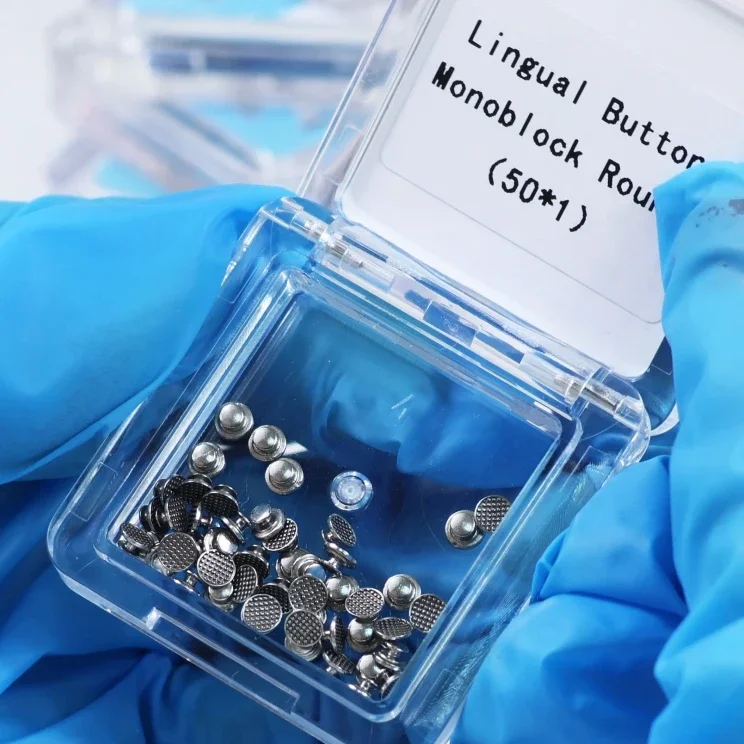 10 unidades de ganchos dentales de ortodoncia crimpables - Botón lingual, ganchos curvos largos con base de malla adherible, derecha/izquierda
