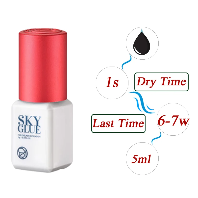 Lote de 10 Botellas de Pegamento Original Coreano para Extensiones de Pestañas Sky Glue con Tapa Roja, Tiempo de Secado de 1-2 Segundos, Duración de 6-7 Semanas, Pegamento Más Rápido y Fuerte