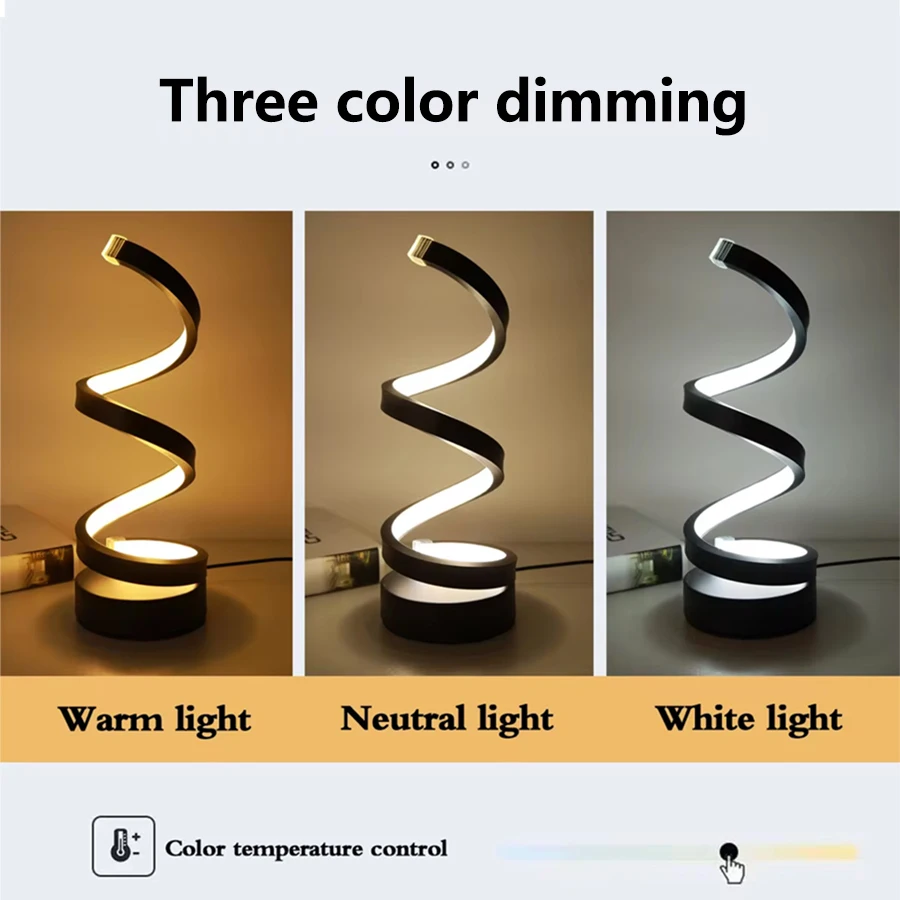 Mesa en espiral moderna, luz LED nocturna, lámpara de escritorio regulable, lámpara de mesita de noche para sala de estar, mesita de noche, estudio, oficina, decoración de dormitorio