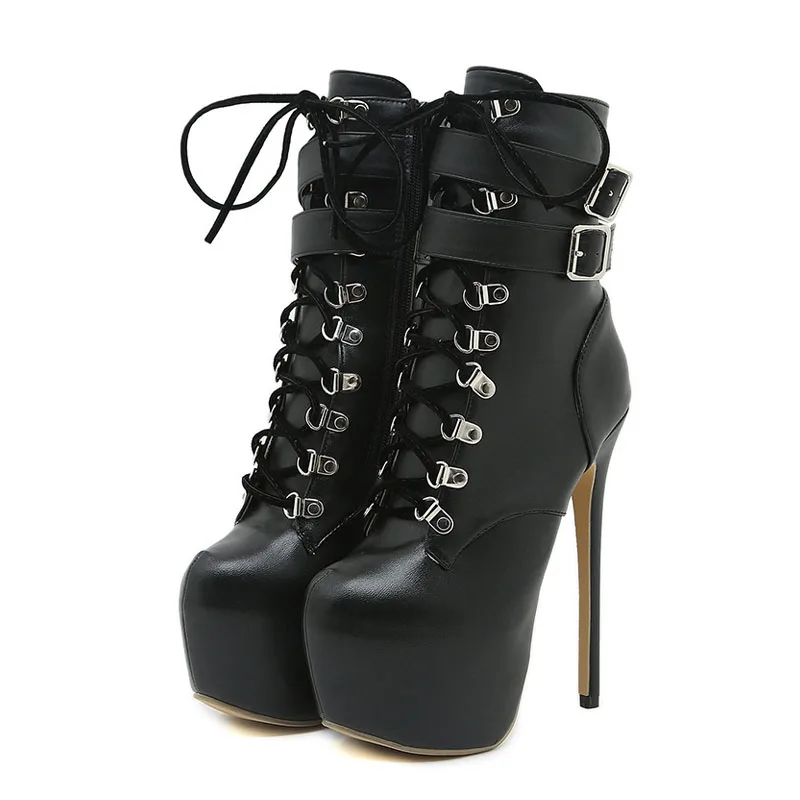 Liyke, botas sexis con plataforma y tacones extremadamente altos de 16,5 CM con correa y hebilla para mujer, zapatos de Stripper con cordones cruzados y punta redonda para fiesta y Club