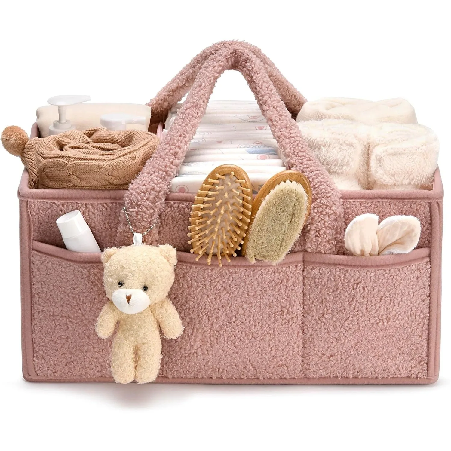 Organizador de pañales para bebé para cambiador, apiladores de pañales de felpa y bolsa de pañales con osito de peluche, cesta de almacenamiento de pañales