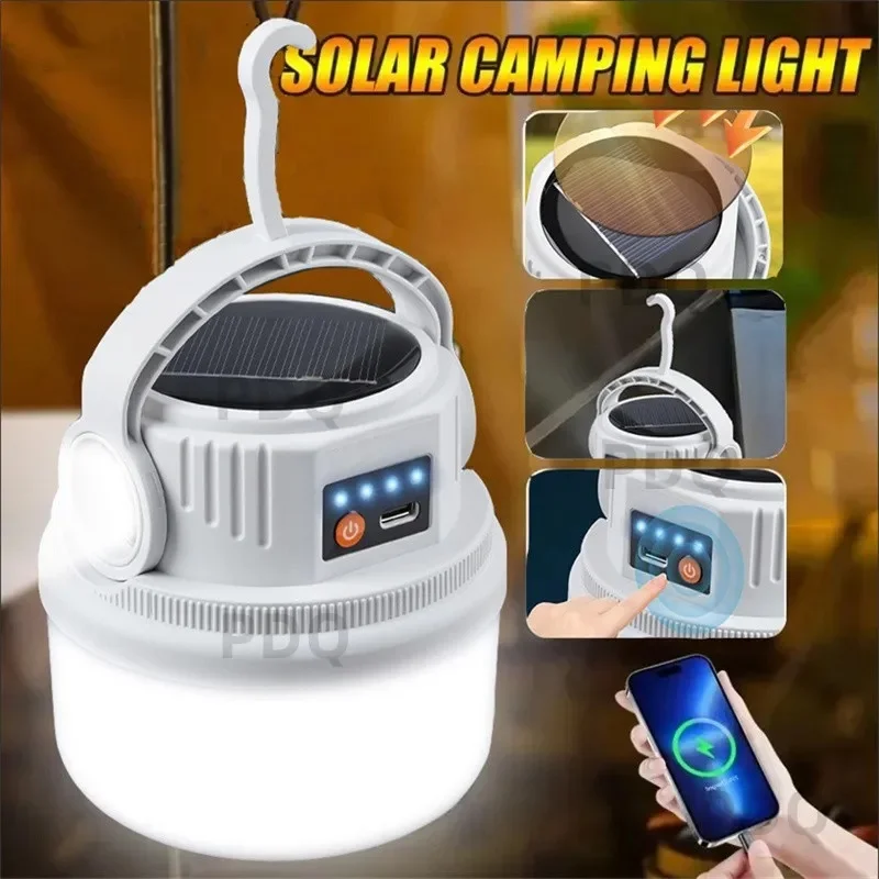 Lámpara LED Solar de Doble Carga para Camping, Impermeable, Multifuncional, Linterna para Exteriores con Gancho para Colgar