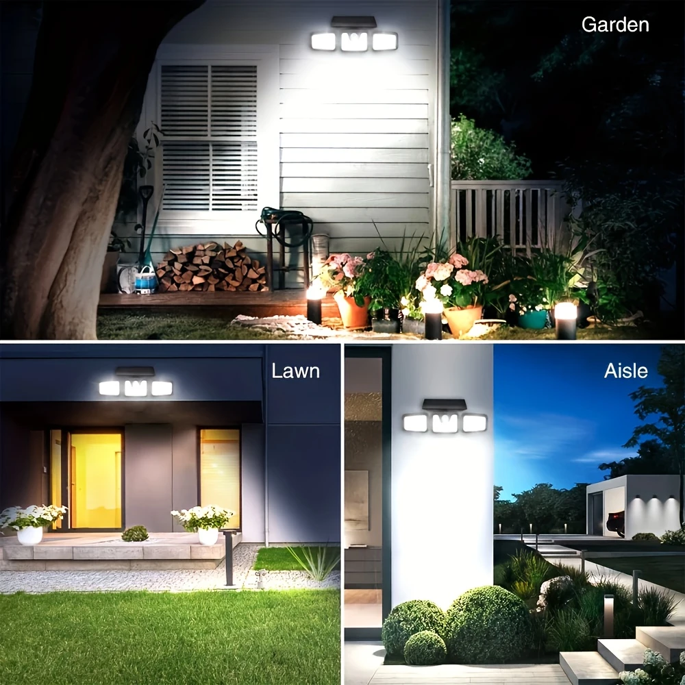 Aplique de pared LED solar | Iluminación exterior de tres cabezales |   IP55 |   Energía solar con sensor de movimiento |   Materiales duraderos ABS y PC | Ideal