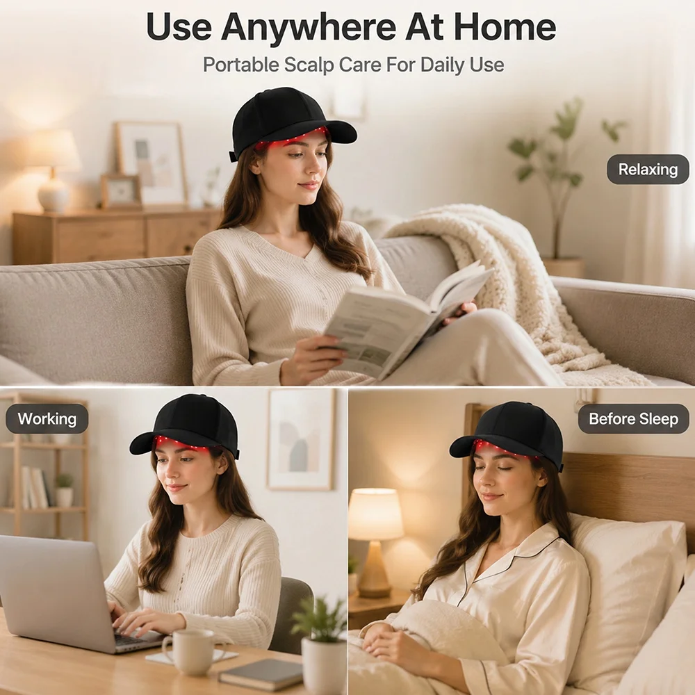 Gorro de luz roja para el cuidado del cuero cabelludo y el crecimiento del cabello, previene la caída del cabello, mejora la circulación sanguínea del cuero cabelludo, gorro de cuidado basado en luz LED para uso doméstico.