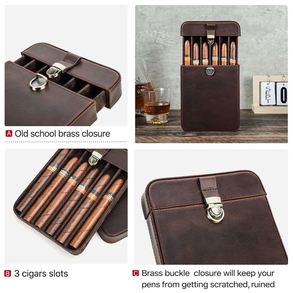 Estuche para cigarros portátil de cuero genuino de lujo, Humidor de viaje, soporte 3/6, bolsa de almacenamiento de cigarros, cuero vacuno Vintage al aire libre