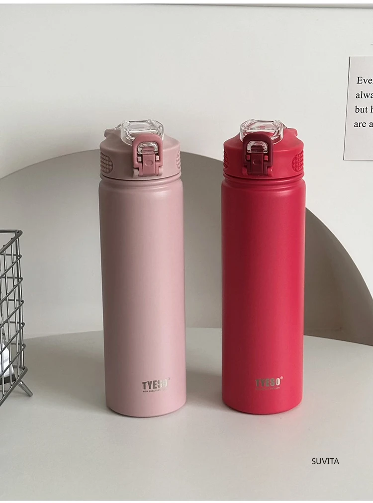 TYESO-botella de agua termo de 600ML/750ML con pajita, taza deportiva térmica de acero inoxidable para coche, mantiene el frío y el calor, taza de viaje térmica