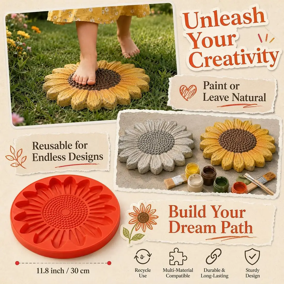 Molde Reutilizable de Concreto con Forma de Girasol para Caminos, Molde de 15.7 Pulgadas para Pavimentar Jardines, Patios y Céspedes